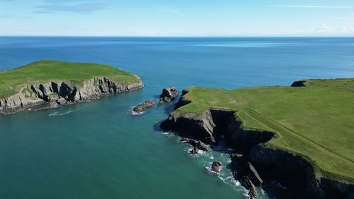 Aerial view of Cardigan Island, located off the coast of Wales in the United Kingdom