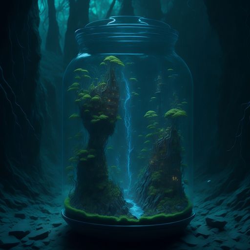 A glass jar filled with rocks and a variety of lush green moss sits atop a wooden surface