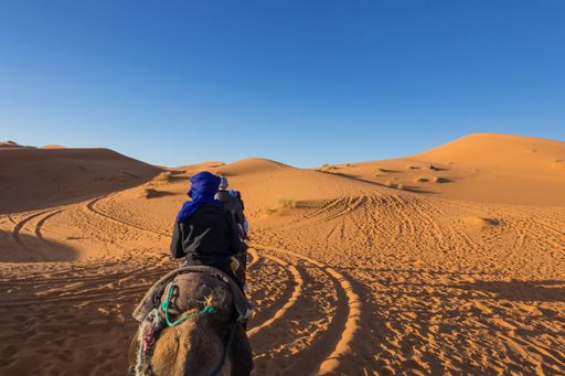 A man sitting on a camel in Sahara desert, Erg Chebbi, Merzouga, Morocco