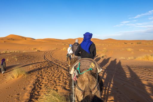 A man sitting on a camel in Sahara desert, Erg Chebbi, Merzouga, Morocco