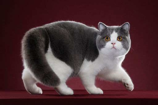 An adorable fluffy domestic feline in the studio against a dark red background