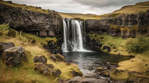A breathtaking landscape of a mesmerizing waterfall cascading over a rocky cliff in the pristine wilderness of Iceland