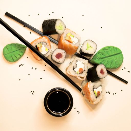 An image of a table top with a pair of chopsticks and a variety of sushi arranged artfully on top