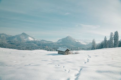 A scenic snow-covered landscape featuring a small log cabin in the distant background