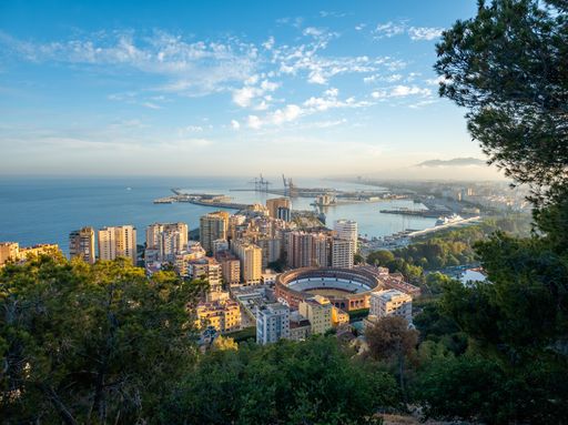 An Aerial view of Malaga Port and the rodeo seen from mount Gibralfaro in Spain