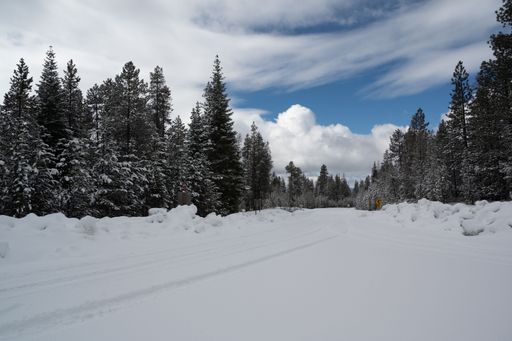 A picturesque winter landscape featuring a winding snow trach blanketed in snow in Central Oregon