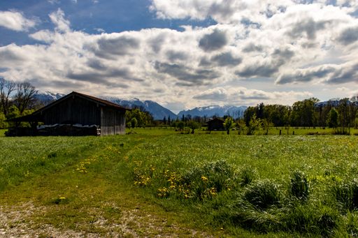 A grassy field, with a wooden barn in the background and a magnificent mountain range in the distance.