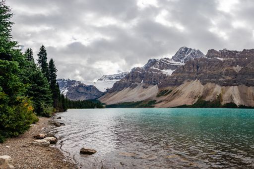 A beautiful view of storm clouds over the famous Bow Lake in Banff National Park, Canada