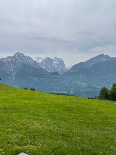 A scenic outdoor view of a grassy field with majestic mountains in the background, with a wooden bench in the foreground