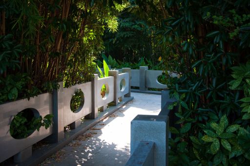 A planter filled with a diverse array of plants situated outside a building