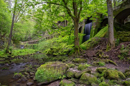 A picturesque waterfall cascading down a rocky cliff face surrounded by lush greenery, towering trees and a bridge in a peaceful forest setting