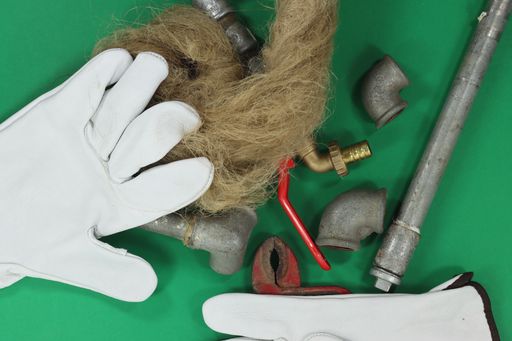 A top view of accessories and hydraulic equipment for gardening on a green surface