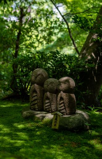 a vertical shot of a Japanese temple in lush green on a sunny day in a Zen garden