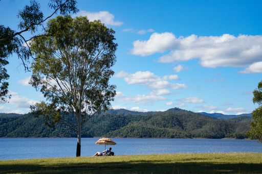 A young adult enjoying the serene view of the lake in Brisbane, Australia, while sitting on a bench