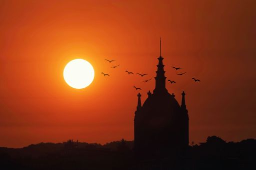 A majestic church illuminated in the golden light of the sunset in Matanzas, Cuba