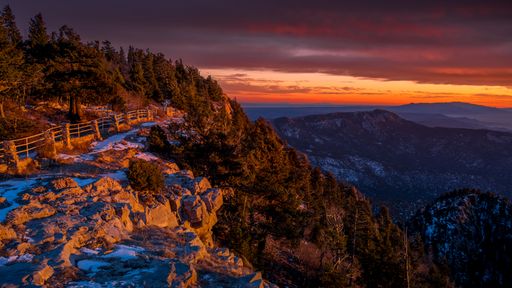 A breathtaking view of the Sandia Peak Trail in Albuquerque, New Mexico at sunset