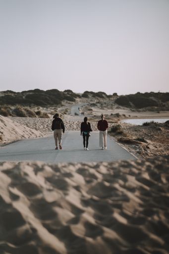 A vertical shot of three people walking on the road surrounded by a beach under the sunlight