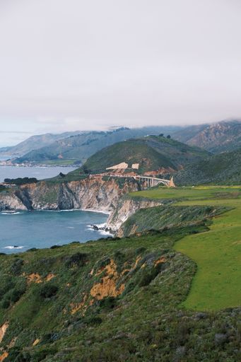 Majestic aerial view of a lush green field overlooking the vast expanse of blue ocean.