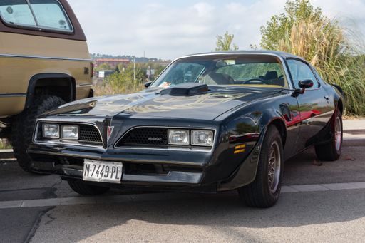 Front view of a nice classic american sports car, the typical black Pontiac Firebird Trans AM with the golden eagle