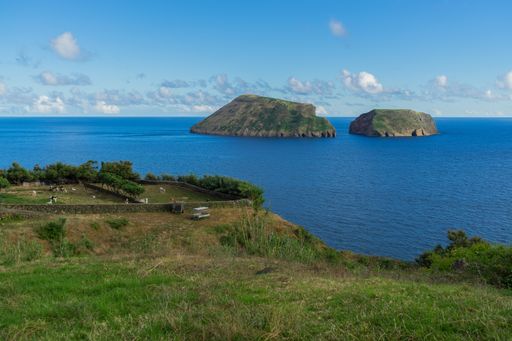 A coastline with green valley and a clear blue sky in Terceira, Azores, Portugal