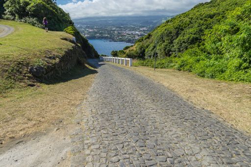 A cobbled path leading to the lake in Angra do Heroismo, Terceira, Azores, Portugal