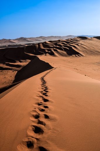 A beautiful landscape featuring footprints in the sand of dunes, Sossusvlei, Namibia