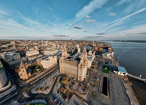 An aerial view of Liverpool city skyline at sunset, the United Kingdom