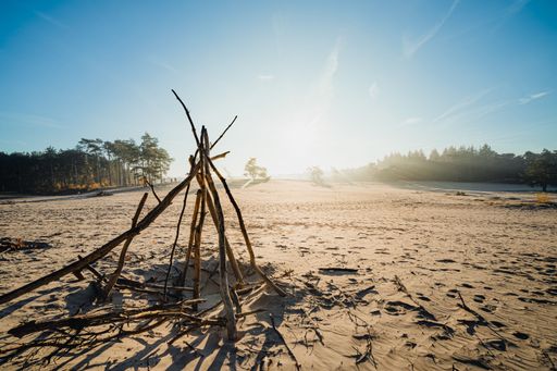 A picturesque beachside view featuring a tranquil campfire with the sun's golden rays glowing in the background