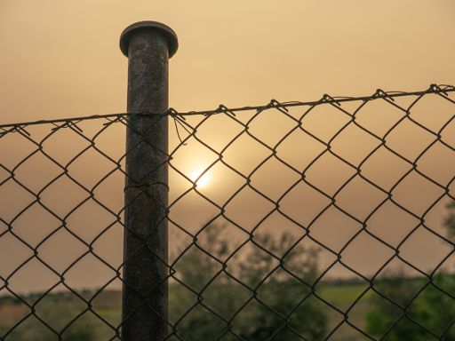 A selective shot of a metallic fence on olive field background during sunset