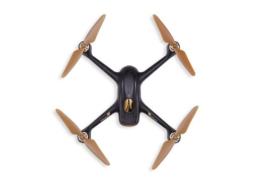 A top view of a black and brown drone isolated on white background