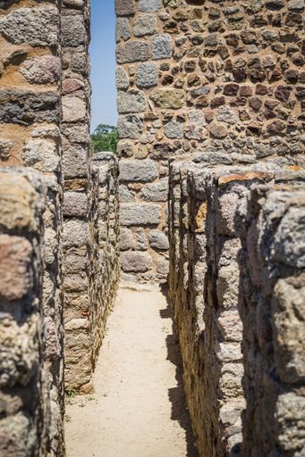 A vertical shot of the historic brick walls of the Almourol Castle in Portugal