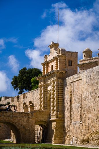 A vertical shot of a Mdina city gates under the blue sky located in Malta