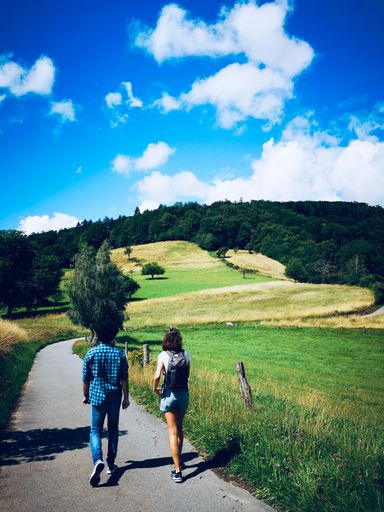 A couple walking down a path surrounded by lush greenery on a sunny day