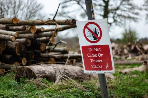 The 'Do not climb on timber stack' sign on the side of the road with timber stacks in the background