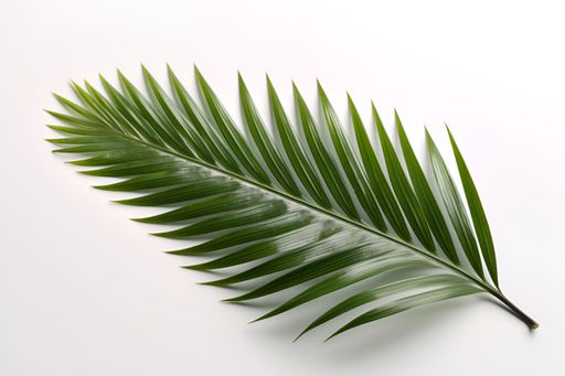 A vibrant green palm leaf on a white table, with a shallow focus setting creating a soft and dreamy effect
