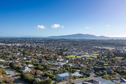 Aerial shot of Waikanae township on the Kapiti Coast of New Zealand showing the town with houses and in the distance Kapiti Island
