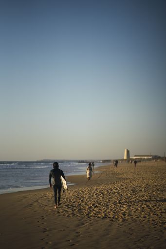 A rear view of a surfer walking on a beach carrying a surfboard under a clear sky
