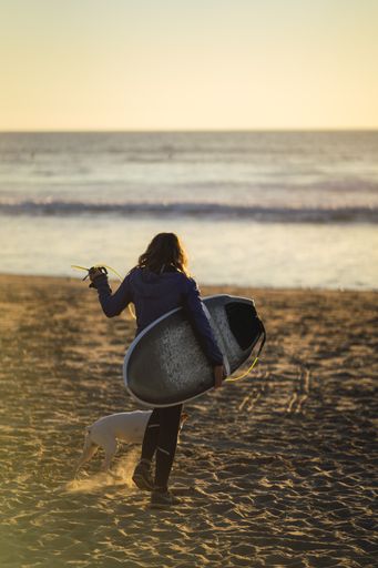 A vertical shot of a woman holding a surfboard, on a beach with her dog during a beautiful sunset