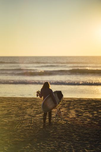 A vertical shot of a woman holding a surfboard, on a beach with her dog during a beautiful sunset