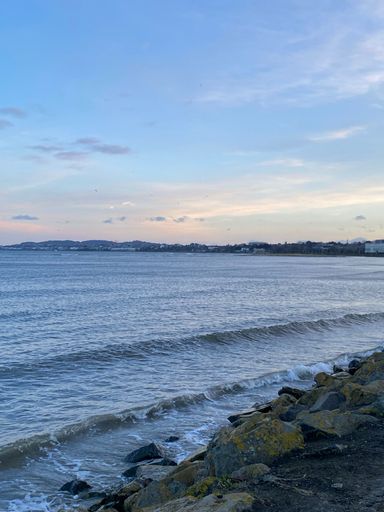 A tranquil seascape featuring gentle waves rolling onto a rocky shoreline with clear skies overhead
