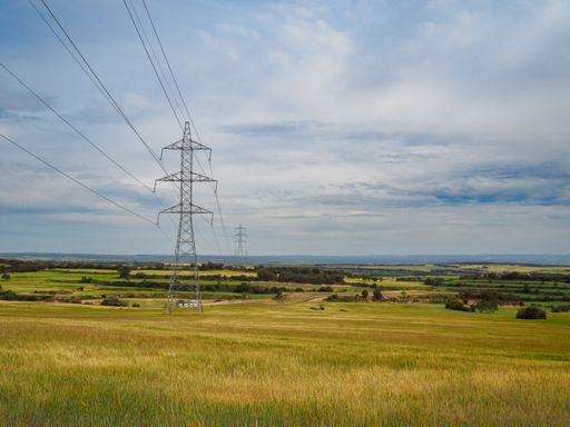 A scenic view of electrical pylons and towers standing in a lush green field with a range of distant mountains in the background