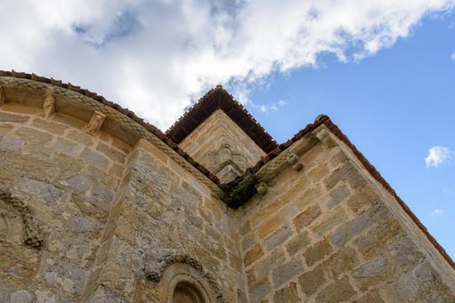 A low angle of the walls of San Andres De Tabliega in Burgos, Spain