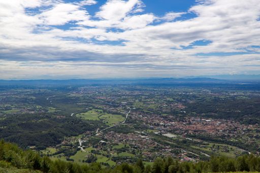 aerial view of val Padana with, in the background the skyline of Turin and Mount Monviso. High Quality Photo.