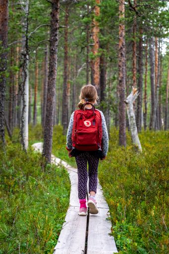 A girl hiking on a path in forest with backpack.