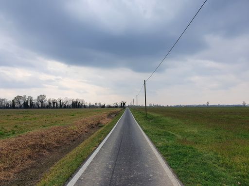 An empty asphalt road along with grass meadow under a cloudy sky