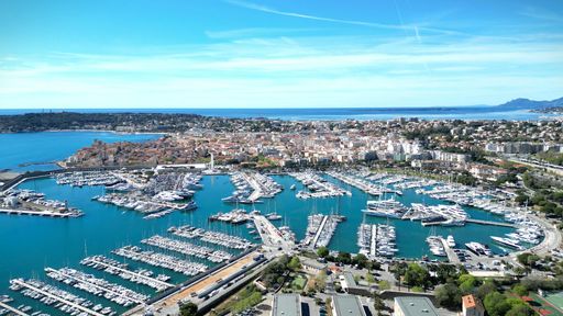 An aerial shot of the Antibes harbor, French Riviera.