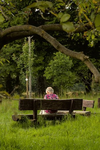 An elderly woman siting on a wooden park bench surrounded by a peaceful, verdant environment