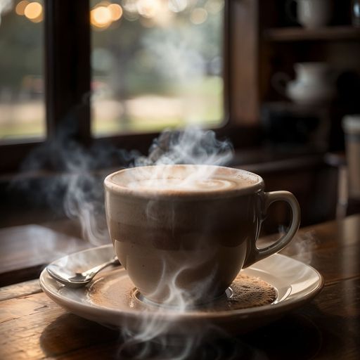 A closeup of a steaming hot cup of coffee served in a cafe