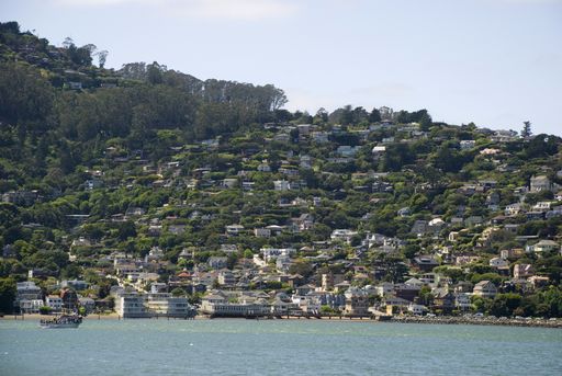 View to houses on hills of Sausalito near San Francisco, California
