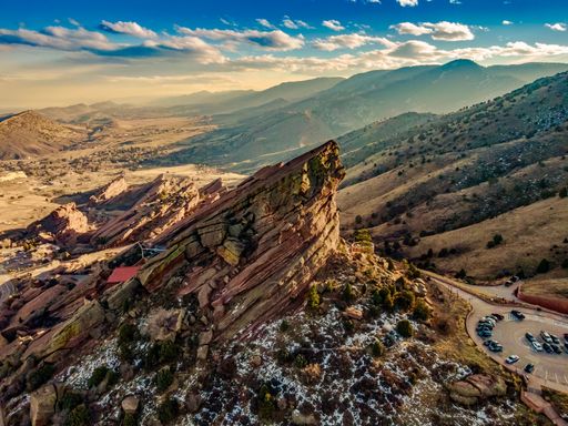An aerial view of the mountains by Red Rocks Amphitheater in Morrison, CO